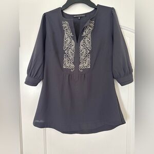 Brixon Ivy Charcoal V-Neck Tunic with Cream Embroidery